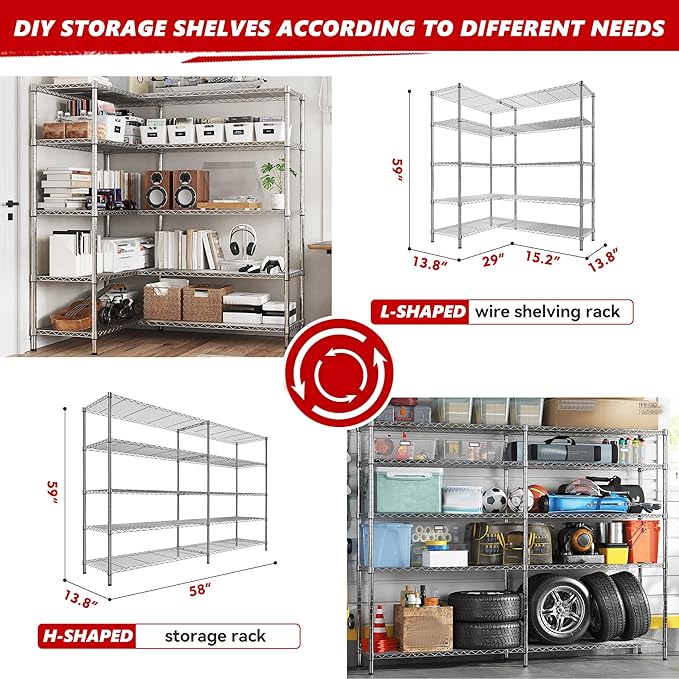 REIBII 58" W 5 Tier Heavy Duty Wire Shelving Unit with Adjustable Shelves - 1400LB Metal, Chrome - 58" W x 59" H x 13.8" D - Garage, Pantry, Kitchen-Ruum Studio Home