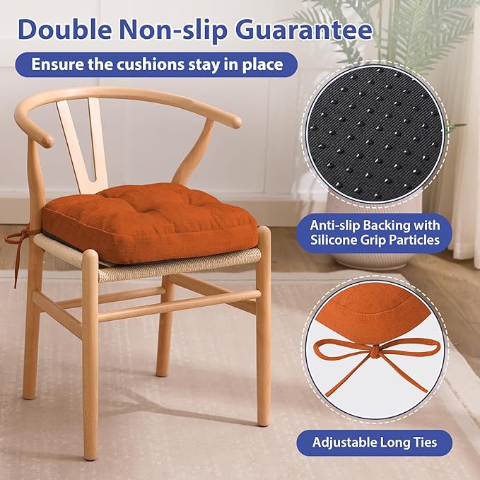 Chair Cushions for Dining Chairs, Dining Chair Cushions, Tufted Indoor Chair Pads with Ties & Non Slip Backing, Seat Cushions for Kitchen Chairs 16.5” x 16.5” x 3.5”, Set of 4, Orange-Ruum Studio Home