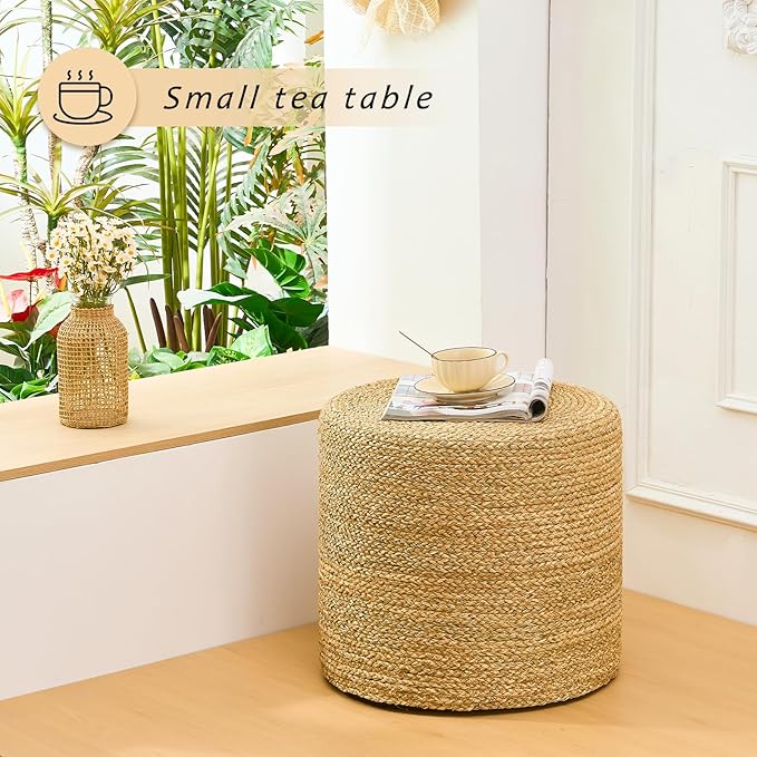 Handwoven Ottoman Pouf, Natural Seagrass Footstool, Round Braided Outdoor Seat with Sturdy Frame, Boho Accent Stool for Patio, Balcony, or Garden (Seagrass)-Ruum Studio Home