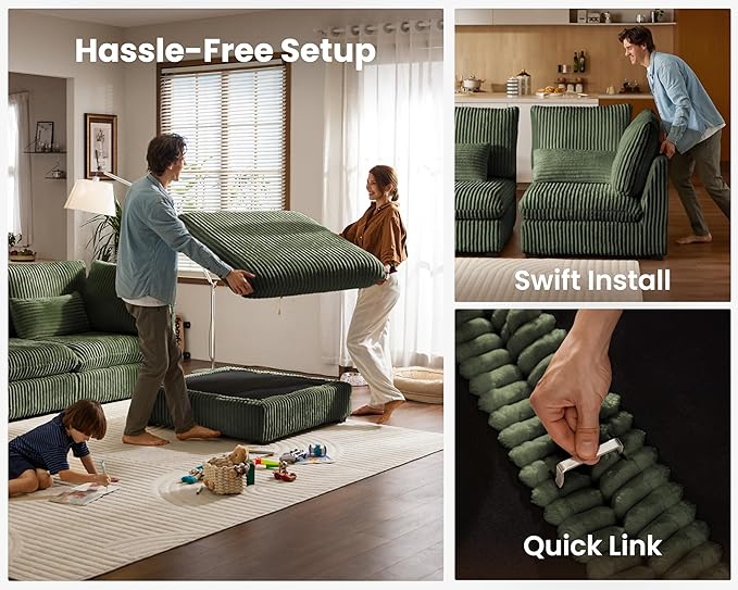 Oversized Modular Sofa, Extra Deep Cloud Corduroy Sectional Couch with Ottoman Chaise, Fluffy Corduroy 2 Seater Sofa Bed for Living Room, Villa (Loveseat Sofa, Corduroy Green)-Ruum Studio Home
