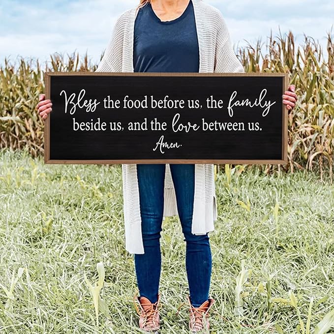 Bless the Food Before Us Sign Wall Decor 40"X15" Large Farmhouse Dining Room Wall Decor Framed Wood Rustic Home Wall Art Kitchen Decoration (Wood Black)-Ruum Studio Home