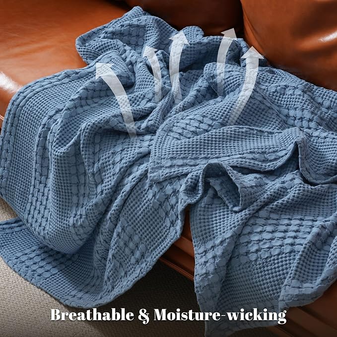 PHF 100% Cotton Waffle Weave Throw Blanket, Soft Lightweight Breathable Cozy Summer Throws for Couch Bed Sofa, Luxury Aesthetic Woven Blanket for Home Decor & Office, 50"x60", Captain's Blue-Ruum Studio Home