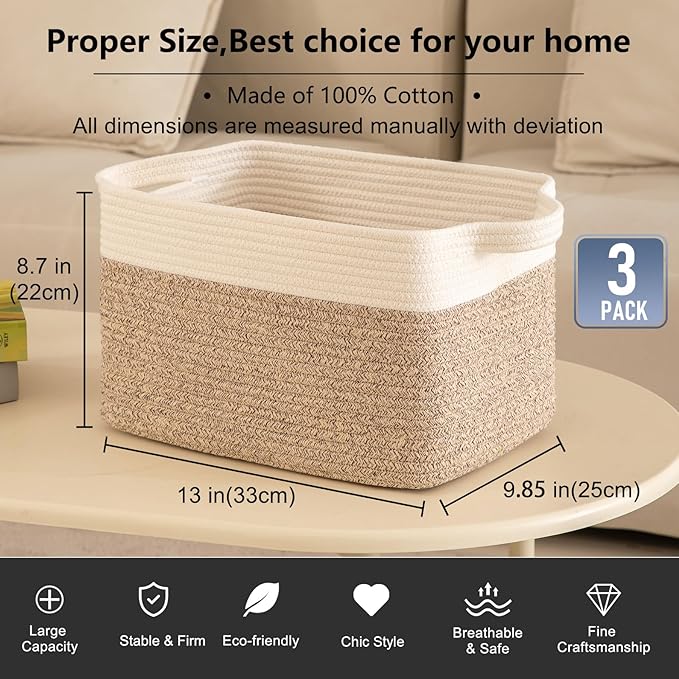 OIAHOMY 3 Pack Storage Baskets for Organizing, 13''X9.85''X8.7'' Storage Bins,Woven Basket with Handles, Toy Storage Bin,Stylish Room Decor Basket, white & Brown variegated-Ruum Studio Home