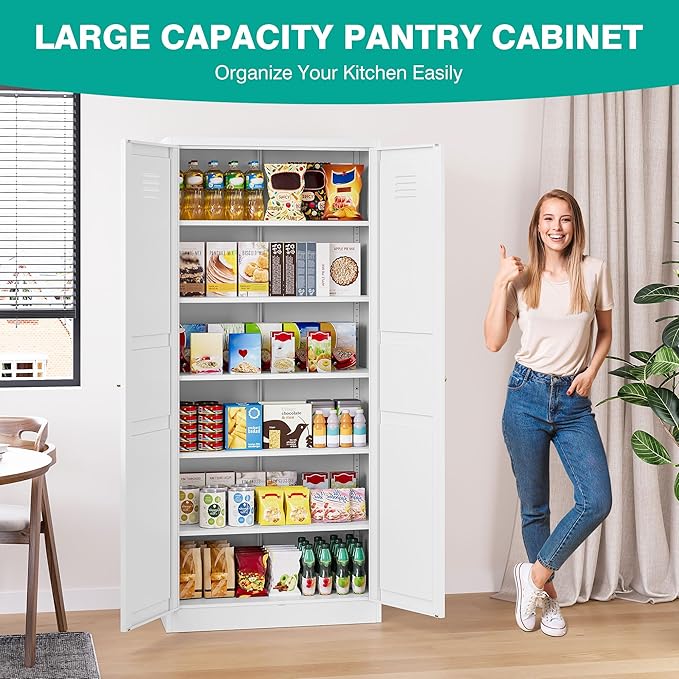 SISESOL White Metal Storage Cabinet,71" Tall Pantry Cabinet,Kitchen Pantry Storage Cabinets with 2 Doors and 6 Shelves,Wide Deep Food Cupboard for Home,Kitchen,Dining/Living Room-Ruum Studio Home