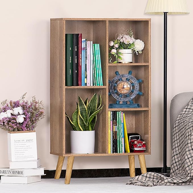 5 Cube Small Bookshelf,3 Tier Mid-Century Modern Bookcase with Legs,Wood Kids Bookshelves Storage Organizer Shelf,Free Standing Narrow Book Shelves,Oak Grey Corner Bookcases for Bedroom,Living Room-Ruum Studio Home