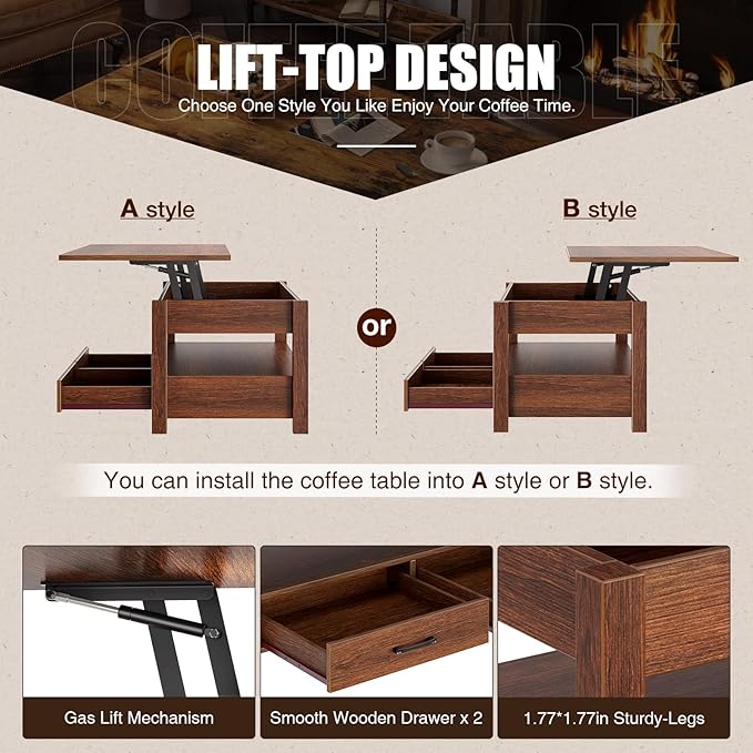 Rolanstar Coffee Table, Lift Top Coffee Table with Drawers and Hidden Compartment, Retro Central Table with Wooden Lift Tabletop, for Living Room,Espresso-Ruum Studio Home