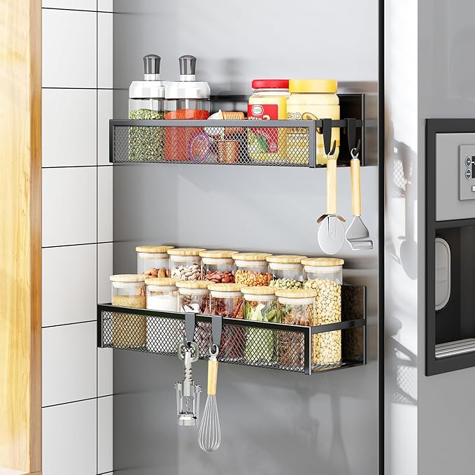 Magnetic Spice Rack for Refrigerator, 2 Pack Magnetic Shelf, Fridge Magnet Organizer with Moveable 4 Hooks, Magnetic Fridge Shelf for Kitchen Organization and Storage (2 Pack)-Ruum Studio Home