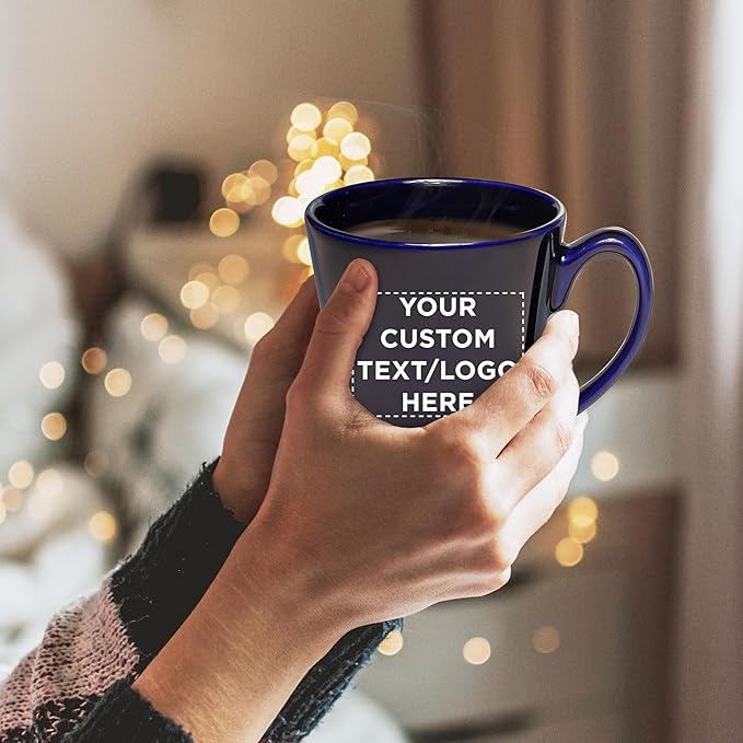 DISCOUNT PROMOS Custom Glossy Ceramic Latte Coffee Mug 12 oz. Set of 100, Personalized Bulk Pack - Perfect for Tea, Espresso, Cappuccino, Hot Cocoa - Blue-Ruum Studio Home