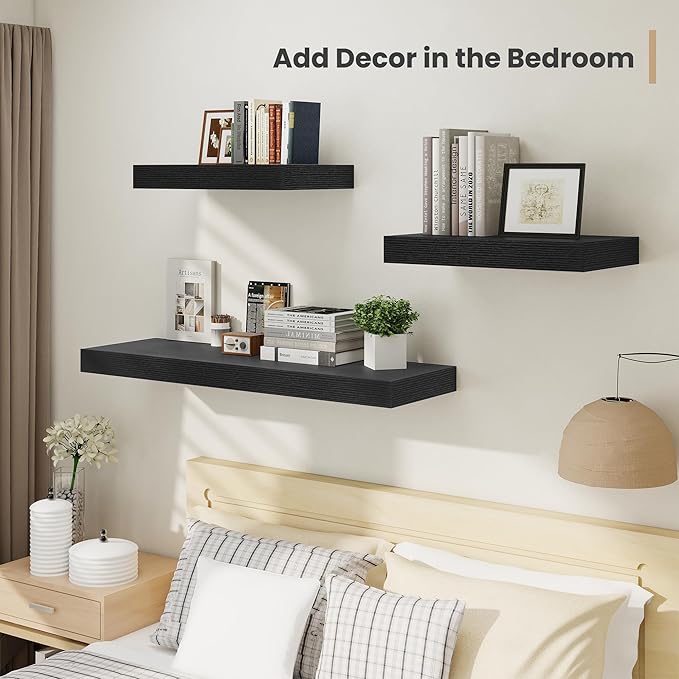 Heimlove 24 x 12 Inch Deep Floating Shelves Wall Mounted with Invisible Brackets,Storage Hanging Shelf for Wall Decor in Bathroom, Bedroom, Toilet, Kitchen, Living Room, Office Set of 2 (Black)-Ruum Studio Home