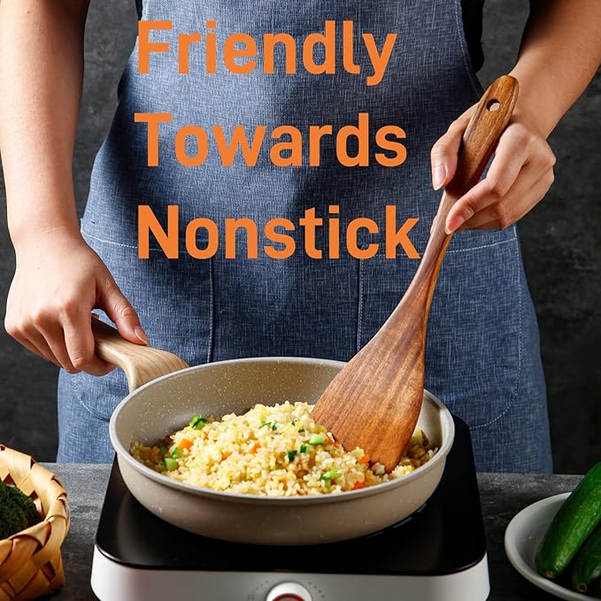 6 PCS Wooden Spoons for Cooking - Teak Wooden Cooking Utensils Set with Holder - Non-Stick, Soft Grip, Ergonomic Design - Natural Finish-Ruum Studio Home