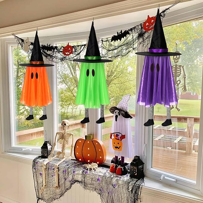 DAZONGE Halloween Decorations Outdoor, 3 Packs Hanging Ghost Halloween Decor with String Lights Battery Operated, Ghost Decor with with Hat for Home Yard Porch-Ruum Studio Home