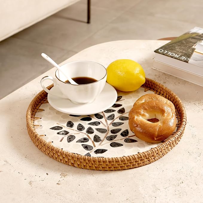 Round Rattan Tray with Mother of Pearl Inlay & Wooden Base - Decorative Wicker Serving Tray for Coffee/Bread/Fruits, Food Storage & Display - Multipurpose Home Decor (L,Little Tree)-Ruum Studio Home
