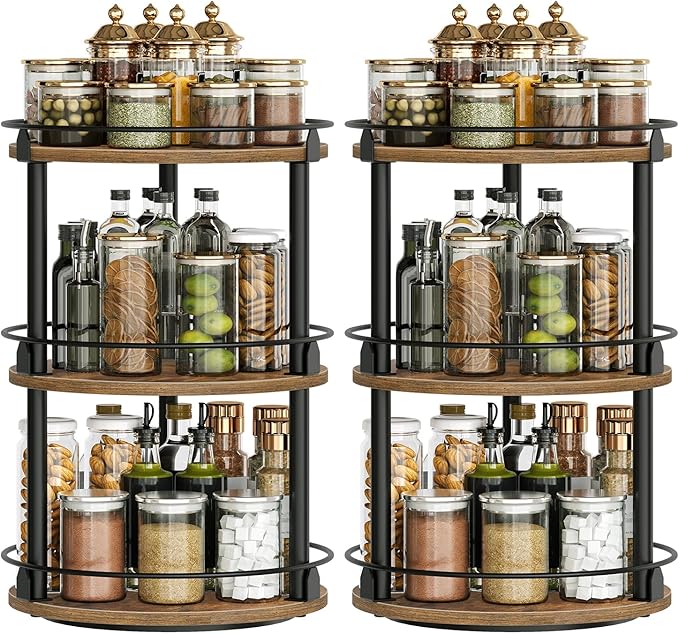 Spice Rack, Set of 2 Lazy Susan Organizer, 3-Tier Turntable Organizer For Cabinet, Compact and Versatile, for Kitchen Countertop, Rustic Brown SR23L2BR-Ruum Studio Home