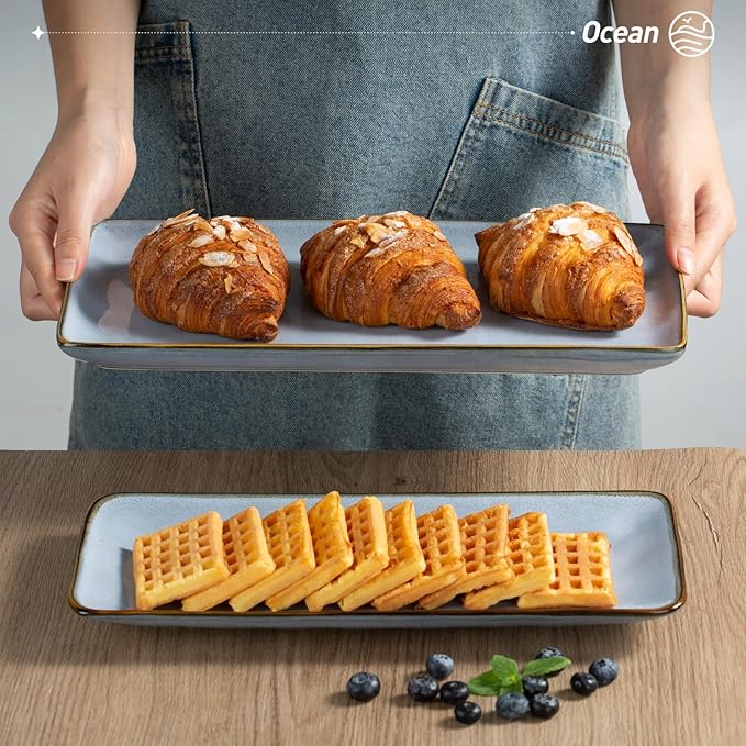 famiware Serving Platter, Rectangular 15.67/14.1/12.6inch Serving Dishes for Entertaining, Reactive Glaze, Stoneware Serving Trays for Party, Food, Turkey, Snack, Cheese, Ocean Series, Blue-Ruum Studio Home