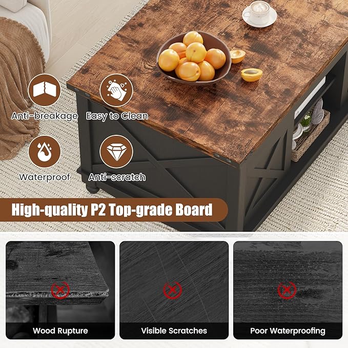 48" Farmhouse Lift Top Coffee Table with Storage Sliding Barn Door & Large Hidden Compartment, Coffee Table with Lifting Top with Wooden Lift Tabletop, Coffee Tables for Living Room, Black-Ruum Studio Home