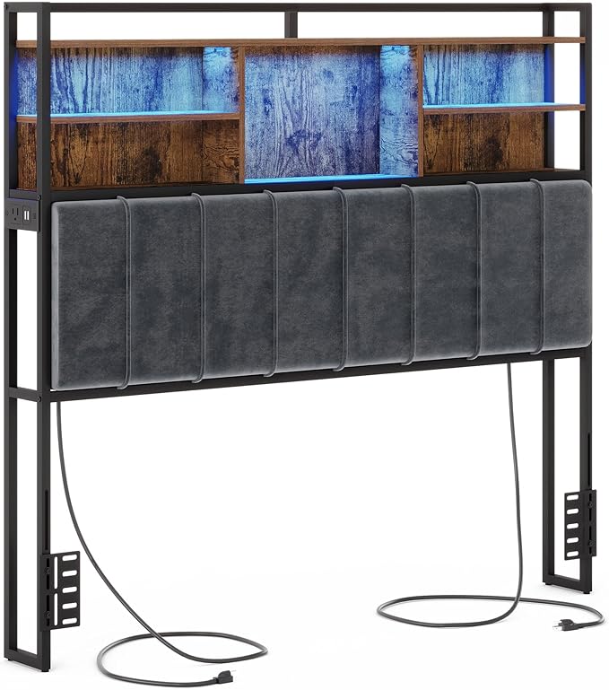 Headboard with 3-Tier Storage Shelves, Velvet Upholstered Head Board with 2 Outlets, USB Ports & LED Light, Soft Backrest for Queen Size Bed, Rustic Brown and Black BH15201BV1-Ruum Studio Home