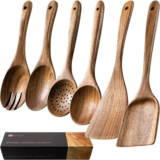 Wooden Spoons for Cooking, Nonstick Cooking Utensil Set with 6 Piece Acacia Wooden Spatulas and Spoons for Cooking, Terrific for Everyday Kitchen Tasks-Ruum Studio Home
