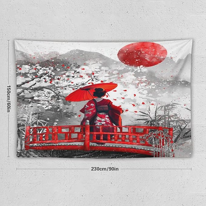 Japanese Red Geisha Tapestry Asian Cherry Blossom Red Sun Traditional Kimono Folk Tapestries Home Decor for Living Room Bedroom Apartment Farmhouse Dorm 90"x60"-Ruum Studio Home