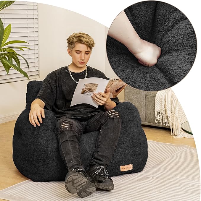 Bean Bag Chair with Filler, Bean Bag Sofa with Tufted Soft Stuffed Filling, Fluffy and Lazy Sofa, Comfy Cozy BeanBag Chairs with Memory Foam for Dorm, Apartment, Living Room (Black)-Ruum Studio Home