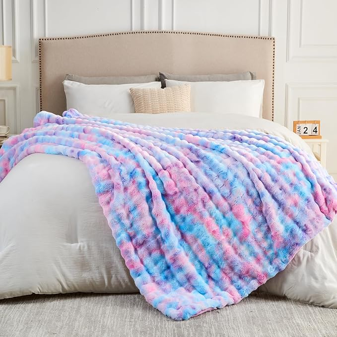 NEWCOSPLAY Faux Fur Twin Blanket Purple Rainbow Luxury Fluffy Thick Warm Bubble Blanket for Couch Sofa Bed 700GSM (Purple Rainbow, Twin(60"x80"))-Ruum Studio Home