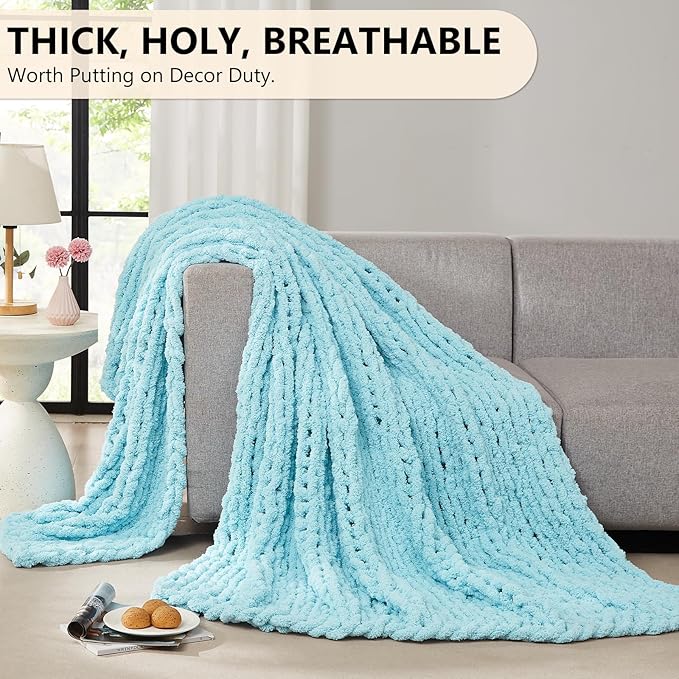 L'AGRATY Chunky Knit Blanket Throw - Soft Chenille Yarn Throw Blanket 40x50： Handmade Thick Cable Knit Crochet Blanke - Large Knit Blanket Chunky Rope Knot Throw Blanket for Couch Sofa Bed Home Decor-Ruum Studio Home