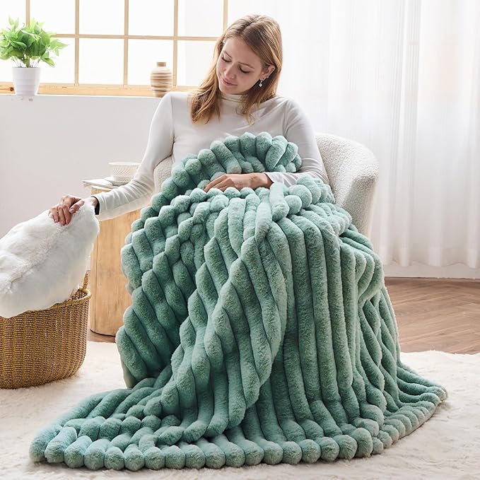 NEWCOSPLAY Faux Fur Throw Blanket New Sage Green 3D Ribbed Plush Thick Warm Blanket for Couch Sofa Bed 850GSM (New Sage Green Ribbed, Throw(50"x60"))-Ruum Studio Home