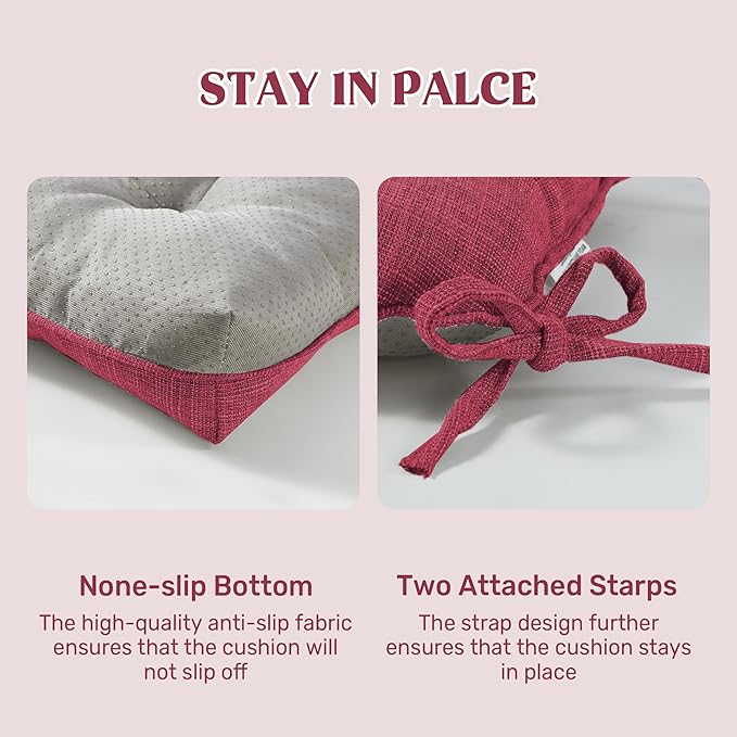 puredown® Chair Cushions for Dining Chairs, Tufted Memory Foam Chair Pads with Non-Slip Backing, Kitchen Seat Cushions with Ties, Washable Pads Set of 4, 15.5" x 15.5" x 4", Wine-Ruum Studio Home