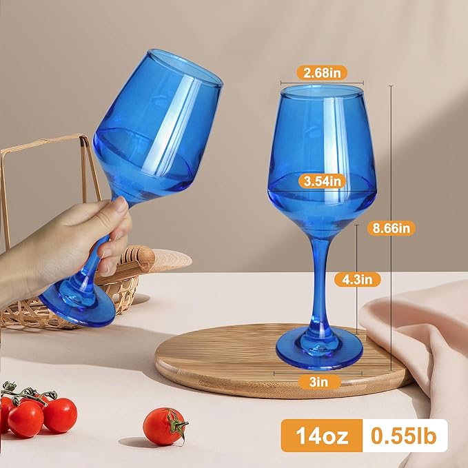 Blue Wine Glasses Set of 6-14oz Blue Long Stem Wine Glass, Pretty Crystal Glassware, Hand Blown Goblets Drinkware, Unique Stemware Wine Glass Holiday Gift Set-Ruum Studio Home