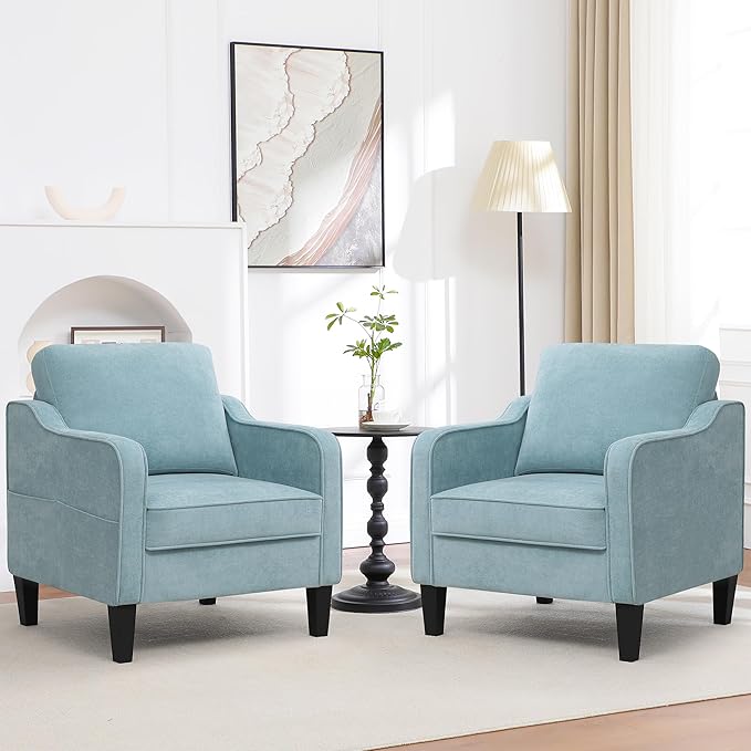 Accent Chair for Living Room, Mid Century Modern Reading Chair for Bedroom, Upholstered Armchair with Side Pockets, Comfy Single Sofa Side Chair for Office, Apartment, Small Room, Teal Green-Ruum Studio Home