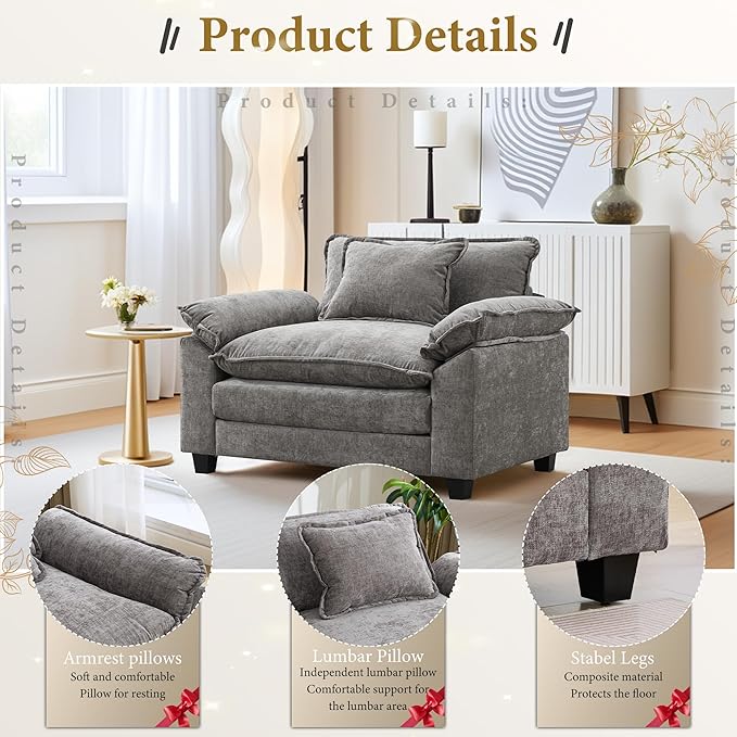 URRED Modular Sectional Sofa Comfy Cloud Couch, Modern Chenille Sofa Sleeper Deep Seat Couches with Ottoman/Pillows for Living Room (Gray, 53'')-Ruum Studio Home