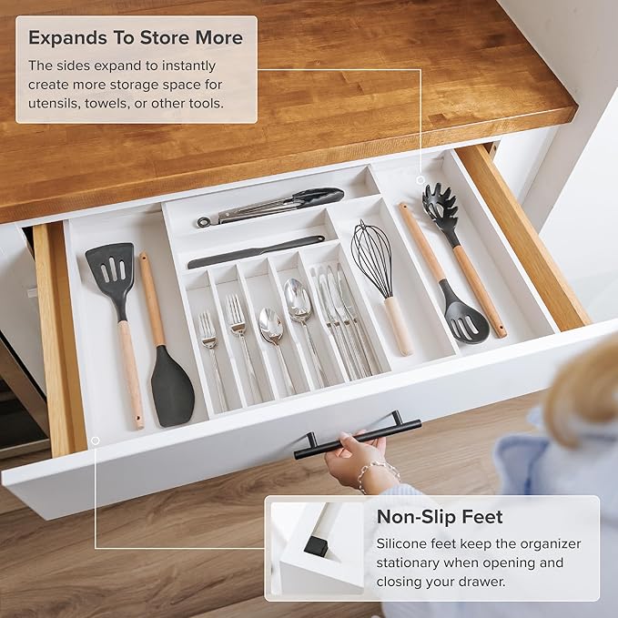 Premium Silverware, Flatware and Utensil Organizer for Kitchen Drawers, Food-Safe Contract Grade, Expandable from 16 to 28 In, White Bamboo-Ruum Studio Home