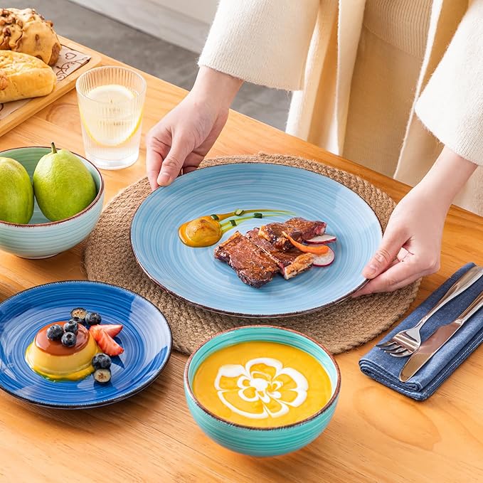 vancasso Bonita Dinnerware Set Blue Stoneware 18 Pieces Service for 4, Handpainted Spirals Pattern Stoneware Plates and Bowls Set-Ruum Studio Home