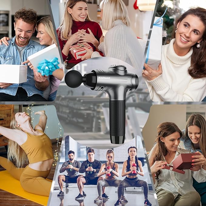 RAEMAO Massage Gun, Handheld Electric Deep Tissue Muscle Massager for Athletes for Pain Relief Attaching 8 Replacement Heads, Percussion Massager with 10 Speeds, Father's Day Gifts, Grey-Ruum Studio Home