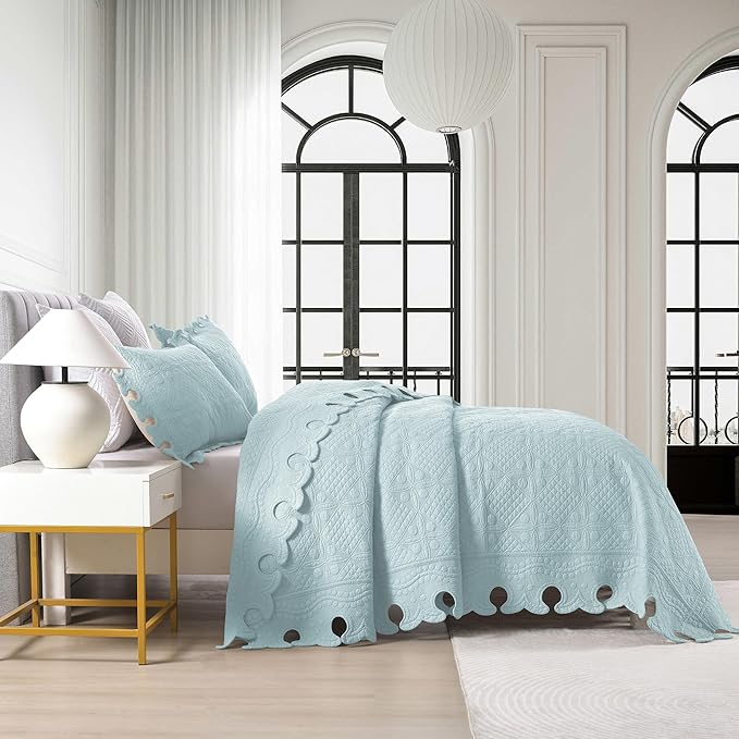 MarCielo 3-Piece 100% Cotton Oversized Bedspread Lightweight Quilt Coverlet Embroidery Farmhouse Bedding Set (TW Mint Green Blue, Oversized King (118"x106"))-Ruum Studio Home