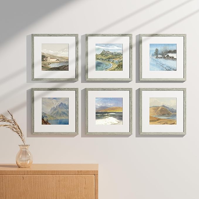 Vittanly 12x12 Picture Frames Set of 9, Shatter Resistant Plexiglass, Display 8x8 Pictures with Mat or 12x12 without Mat, Photo Frames for Wall Mount, Engineered Wood, Grey-Ruum Studio Home