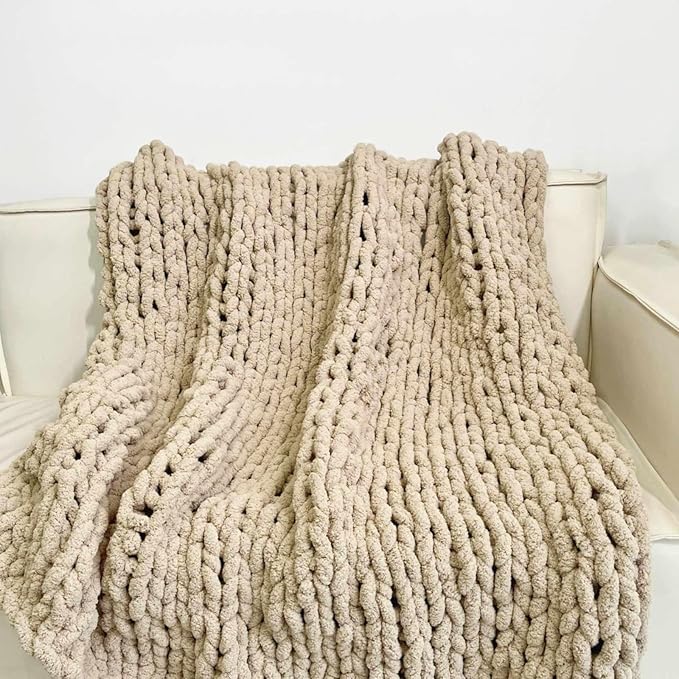 Chunky Knit Blanket Throw 40"x60", Chenille Throw Blankets, Handmade Warm & Cozy Blanket Couch Bed Home Decor, Soft Breathable Fleece Banket, Christmas for Couch Bed Sofa Best Gift (Tan)-Ruum Studio Home