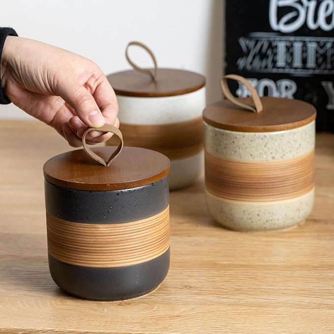 Ceramic Jar with Lid, Coffee Container Kitchen Food Storage Jars for Spice Sugar Tea Bag, Stackable Decorative Jars for Countertop, Black & 18oz-Ruum Studio Home