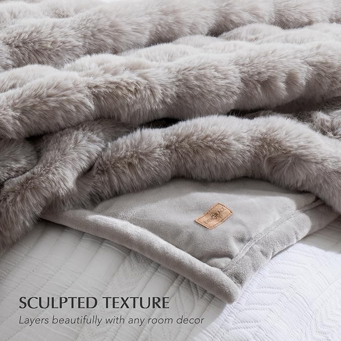 EVERGRACE Ultra Soft Luxury Fluffy Ridgeline Faux Rabbit Fur Throw Blanket, Thick Warm Fuzzy Blankets for Winter, Cozy Plush Reversible Blanket for Couch, Bed, Sofa, Taupe, 80x90 Inches, 870 GSM-Ruum Studio Home