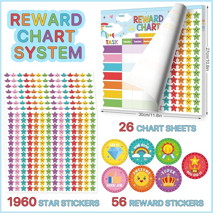 Reward Chart for Kids,Magnetic Behavior Chore Chart for Kids at Home,26 Rainbow Blue Chore Charts,1960 Star Stickers,56 Reward Stickers,Incentive Chore Chart to Develop Responsibility and Good Habits-Ruum Studio Home