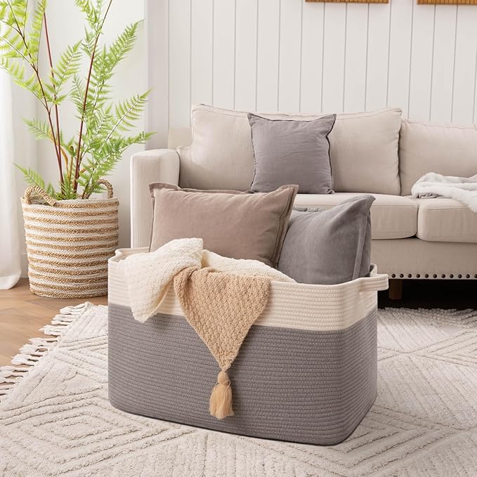 OIAHOMY 95L Blanket Basket, 24”x17”x14”, Large Woven Baskets for Storage, Nursery Cotton Rope Basket with Handle, Living Room, Nursery, Bedroom,Toy Baskets Organizer Bins, Grey & White-Ruum Studio Home