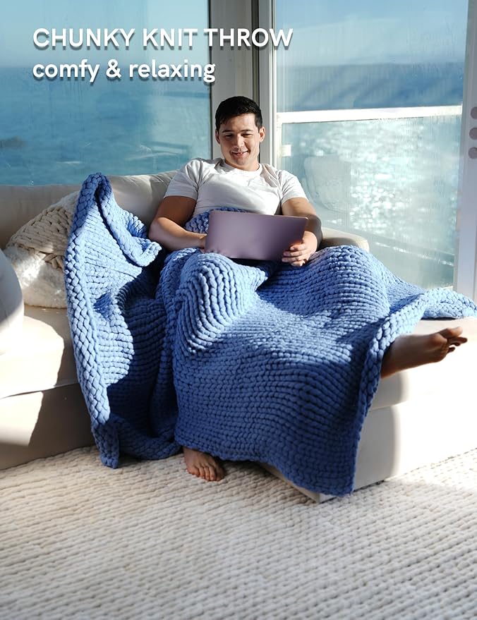 YnM Chunky Throw Blanket, Medium-Weight, Hand Knitted, Skin Friendly, Ventilated and Breathable, Machine Washable, Home Décor Piece for Couch, Sofa and Bed (Cerulean Blue, 60x80 Inch)-Ruum Studio Home