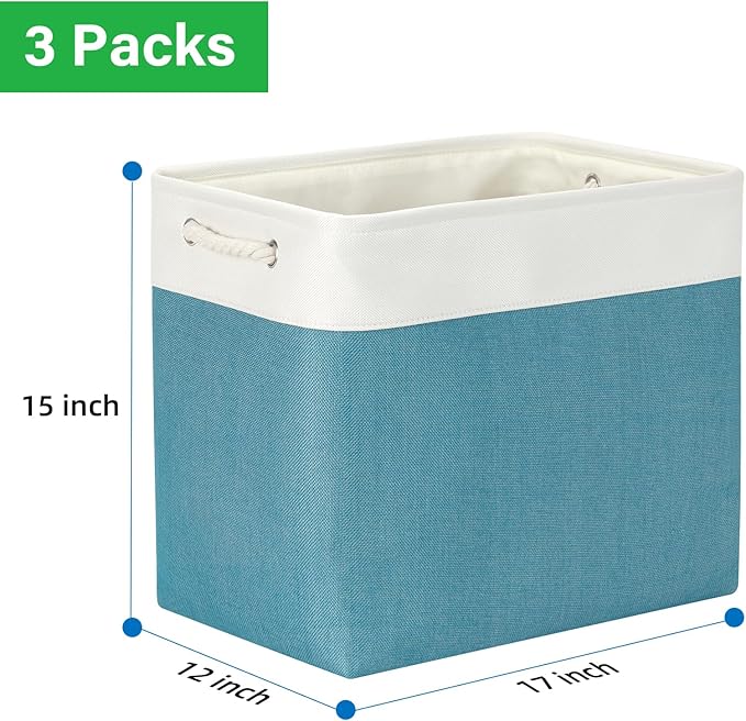 Bidtakay Extra Large Storage Baskets for Shelves 3 Pack Fabric Storage Bins for Organizing Linen Collapsible Organizer for Closet-White&Teal-Ruum Studio Home