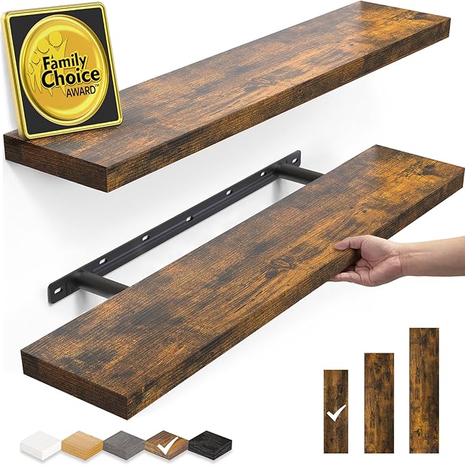 BAYKA Floating Shelves Set of 2, 22.5" Rustic Wood Wall Mounted Shelves for Bedroom, Living Room, Kitchen & Office, Hanging Display Shelf with 22 lbs Capacity (Rustic Brown)-Ruum Studio Home