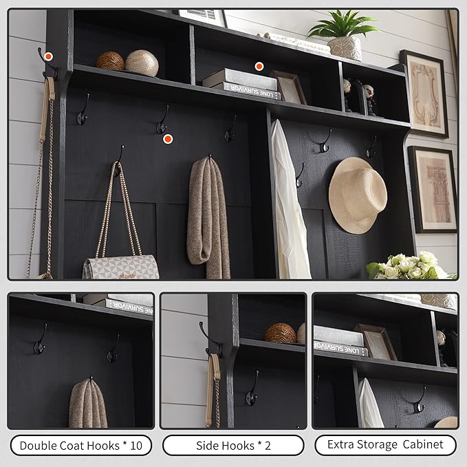 JXQTLINGMU 59" Farmhouse Hall Tree with Shoe Storage, Entryway Bench with 20 Cubbies, 12 Hooks & Sliding Barn Doors, Mudroom Coat Rack Cabinet, Black-Ruum Studio Home