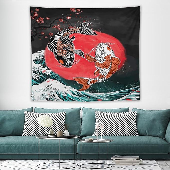 Houselerax Koi Fish Tapestries,Japanese Style Yin Yang Big Wave Cherry Blossoms Tapestry Wall Hanging for Bedroom Living Room Office Decor 60"x50"-Ruum Studio Home