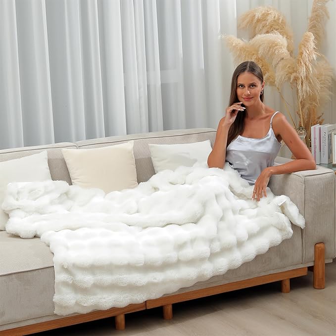 RYNGHIPY Faux Fur Throw Blanket Double Sided Thick and Warm Plush Fluffy Faux Rabbit Fur Decoration for Couch Sofa Chair and Bed Cream Winter Blanket (Ivory, 63''x79'')-Ruum Studio Home