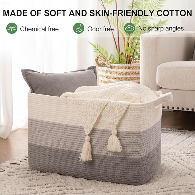 OIAHOMY Rectangle Woven Storage Basket - Nursery Cotton Rope Baskets for Storage, Toy Basket Organizing for Living Room, 17.7"x13.8"x11"- Pack of 3 - Gradient Gray-Ruum Studio Home
