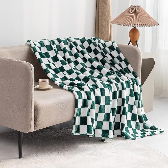 LOMAO Throw Blankets Flannel Blanket with Checkerboard Grid Pattern Soft Throw Blanket for Couch, Bed, Sofa Luxurious Warm and Cozy for All Seasons (Green, 60"x80")-Ruum Studio Home
