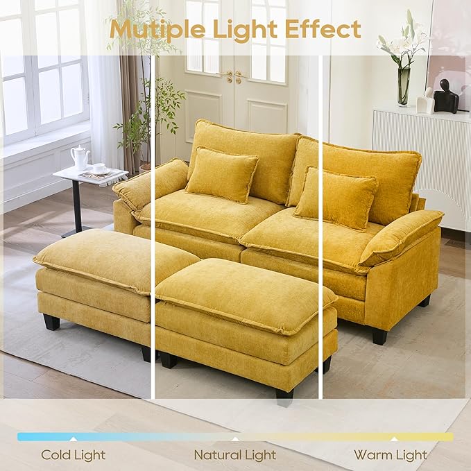 URRED Modular Sectional Sofa Comfy Cloud Couch, Modern Chenille Sofa Sleeper Deep Seat Couches with Ottoman/Pillows for Living Room (Yellow, 82.6''- 2 Ottomans)-Ruum Studio Home