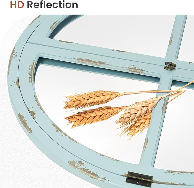30" Round Window Mirror, Vintage Coastal Wall Mirror with Distressed Blue Wood Frame & Faux Windowpanes, Farmhouse Cottagecore Decor for Living Room, Entryway, or Dining Room-Ruum Studio Home